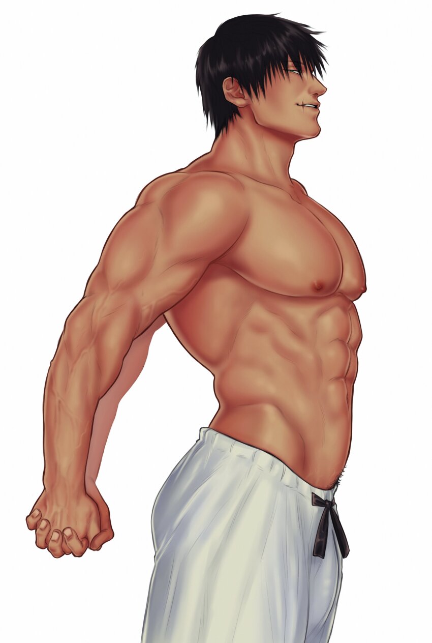 1boy, abs, absurdres, arms_behind_back, ass, bara, black_hair, bulge