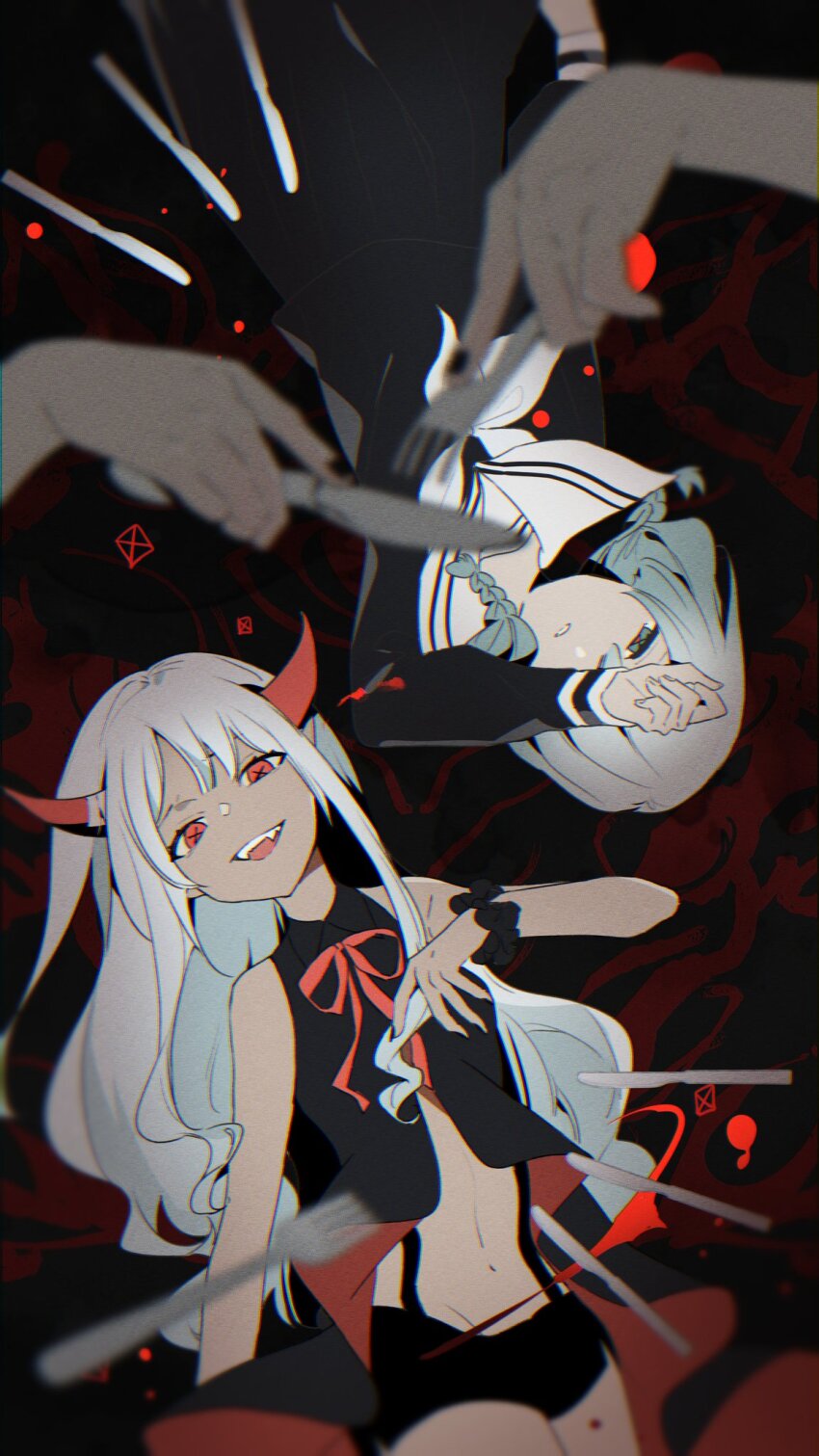 2girls, abstract_background, ambiguous_red_liquid, arm_up, bad_id, bad_twitter_id, black_nails, black_scrunchie, black_serafuku, black_shirt, black_shorts, black_skirt, braid, collared_shirt, commentary_request, cutlery, damonisch, dark-skinned_female, dark_skin, demon_girl, demon_horns, fingernails, floating, floating_object, fork, gradient_hair, grey_eyes, grey_hair, groin, hand_over_eye, hand_up, highres, holding, holding_fork, holding_knife, horns, kitchen_knife, knife, long_hair, long_sleeves, looking_at_viewer, low_twin_braids, multicolored_hair, multiple_girls, navel, neck_ribbon, neckerchief, official_art, omutatsu, open_mouth, parted_lips, partial_commentary, red_eyes, red_ribbon, ribbon, sailor_collar, school_uniform, scrunchie, serafuku, sharp_teeth, shirt, short_shorts, shorts, skirt, sleeveless, sleeveless_shirt, suspenders, symbol-shaped_pupils, teeth, tuyu_(band), twin_braids, white_hair, white_neckerchief, white_sailor_collar, x-shaped_pupils