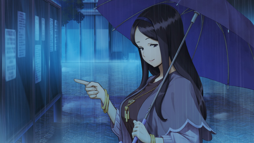 1girl, black_eyes, black_hair, bracelet, breasts, capelet, eye_of_providence, game_cg