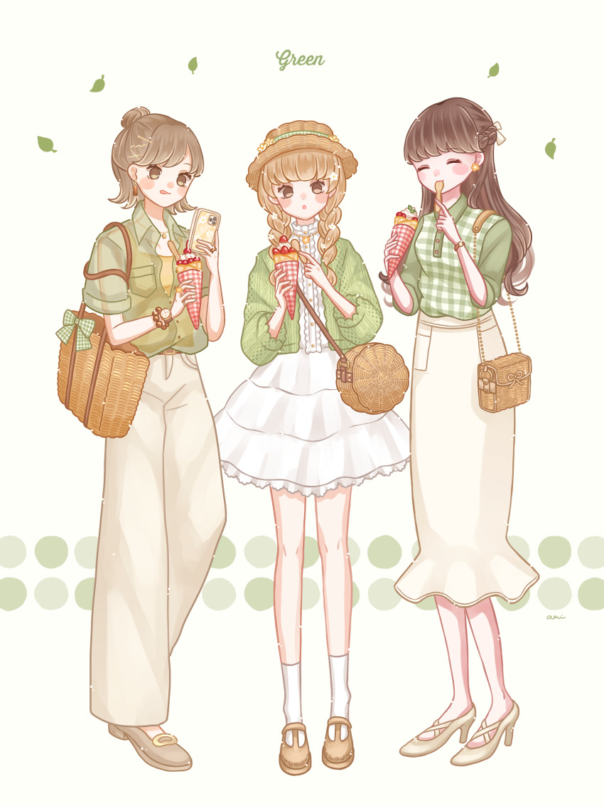 3girls, :o, ^_^, absurdres, ari_(oonmnmooo), artist_name, bag, blush