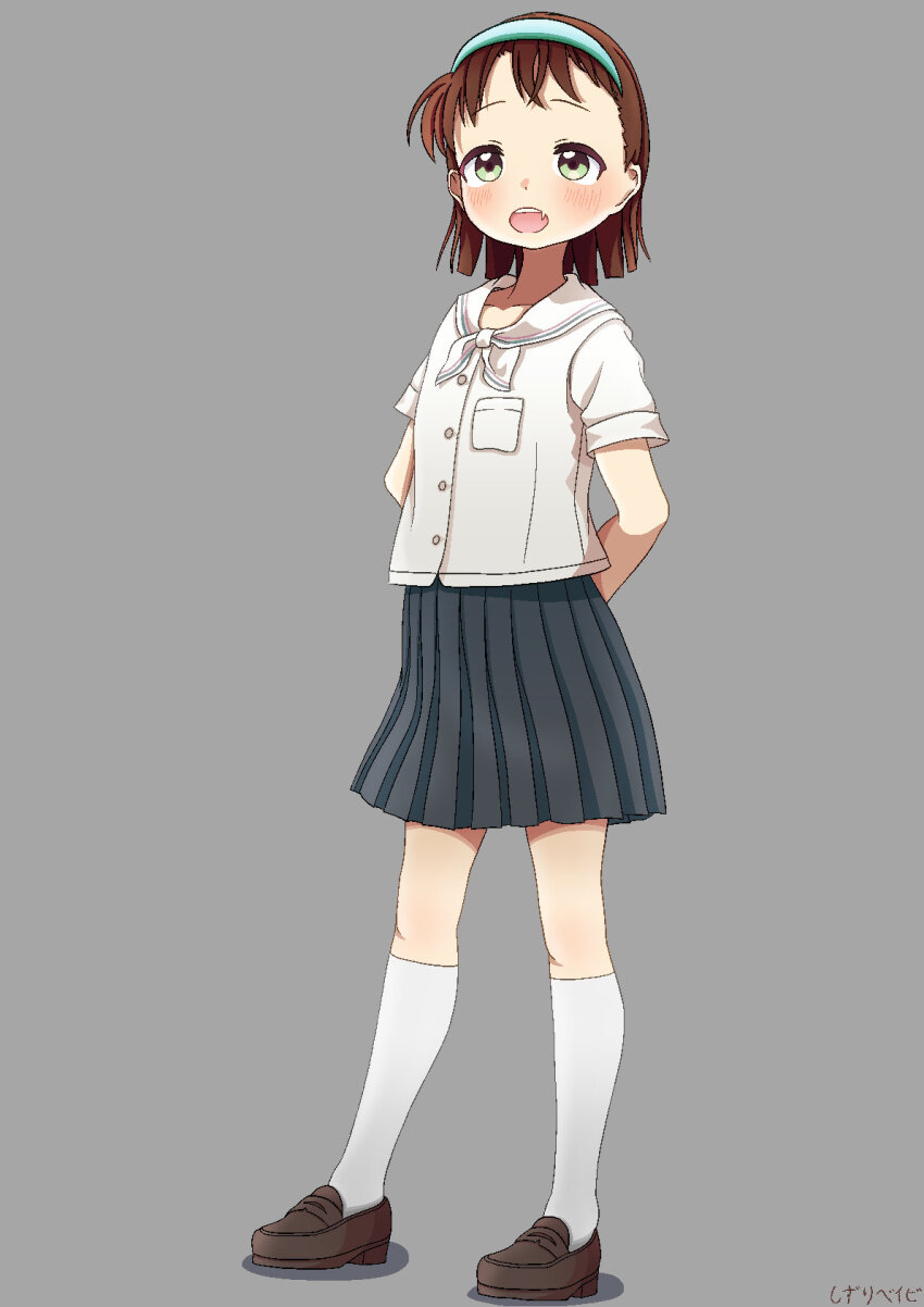 1girl, arms_behind_back, blush, brown_hair, brown_shoes, fang, full_body, green_eyes
