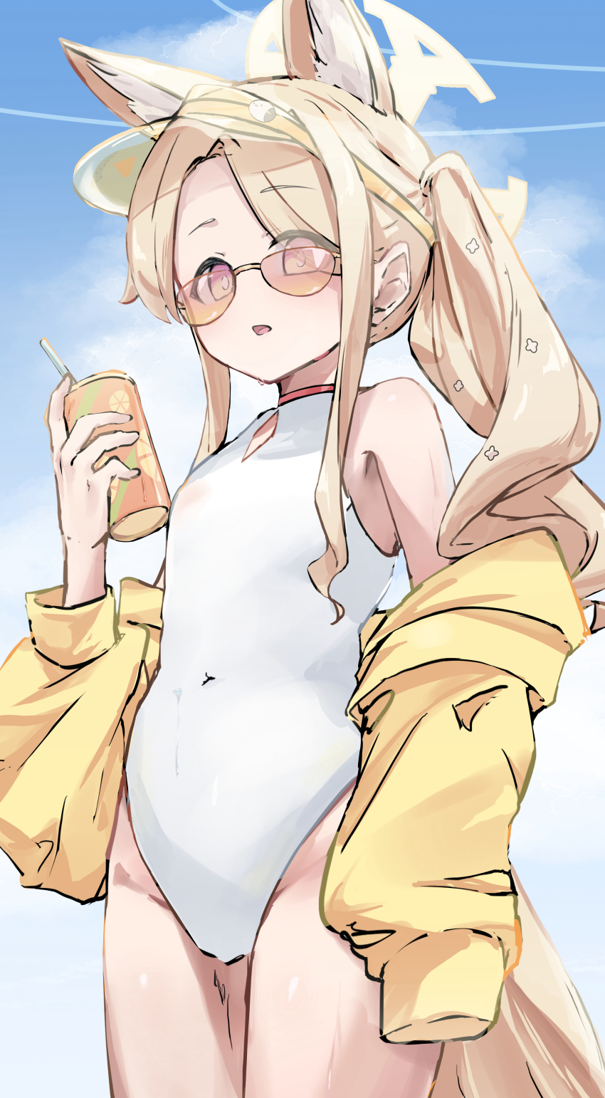 1girl, absurdres, animal_ears, asymmetrical_hair, bare_shoulders, blonde_hair, blue_archive, breasts