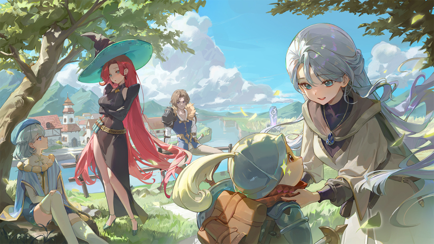 2boys, 3girls, adjusting_scarf, afk_(series), afk_journey, aqua_eyes, argyle_clothes, argyle_scarf, armor, arms_under_breasts, backpack, bag, belt, black_dress, black_gloves, black_hat, blue_cloak, blue_eyes, blue_gem, blue_hat, blue_shirt, blue_shorts, blue_sky, boots, brooch, brown_boots, brown_hair, building, cassadee_(afk), chippy_(afk), cloak, closed_mouth, cloud, crossed_arms, day, dress, earrings, elbow_gloves, falling_leaves, four-pointed_star, furry, furry_male, gem, glint, gloves, grass, grey_dress, grey_hair, grey_necktie, grey_thighhighs, hamster_boy, hand_on_own_knee, hat, hat_feather, helmet, high_heels, jewelry, leaf, long_hair, long_sleeves, looking_at_another, mingchun, mirael_(afk), multiple_boys, multiple_girls, necklace, necktie, on_rock, pants, parted_bangs, red_hair, red_scarf, river, scarf, sheath, sheathed, shirt, short_hair, shorts, shoulder_armor, side_slit, sitting, sitting_on_fence, sky, sleeveless, sleeveless_dress, standing, star_ornament, straight_hair, striped_clothes, thighhighs, town, tree, valen_(afk), vertical-striped_clothes, very_long_hair, vest, vial, witch_hat