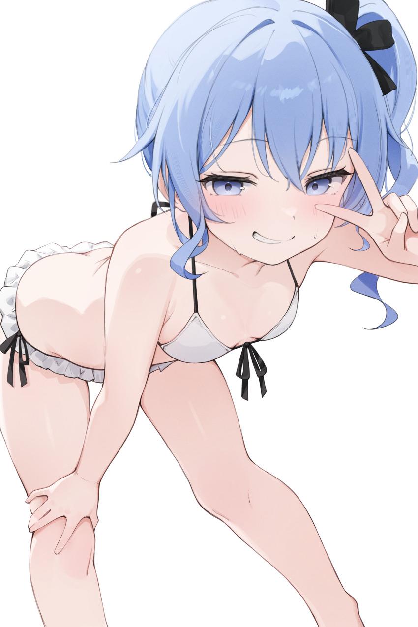 1girl, absurdres, alternate_costume, bent_over, bikini, blue_eyes, blue_hair, breasts, cleavage, commentary, double-parted_bangs, frilled_bikini, frills, front-tie_bikini_top, front-tie_top, hair_between_eyes, hair_ribbon, halterneck, hand_on_own_knee, highres, hololive, hoshimachi_suisei, looking_at_viewer, medium_hair, nyashira, ribbon, side-tie_bikini_bottom, side_ponytail, simple_background, small_breasts, solo, star_(symbol), star_in_eye, string_bikini, swimsuit, symbol_in_eye, teeth, v, virtual_youtuber, white_background, white_bikini