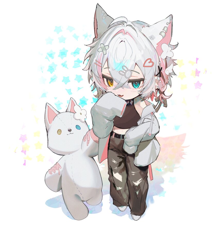 1boy, absurdres, ahoge, animal_ears, animal_hair_ornament, bandaid, bandaid_hair_ornament, blue_eyes