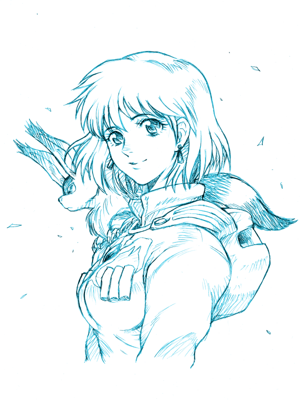 1girl, animal, breasts, earrings, from_side, jewelry, kaze_no_tani_no_nausicaa, monochrome