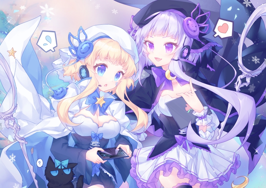2girls, :d, :o, absurdres, arcaea, black_cat, black_hat, black_shorts