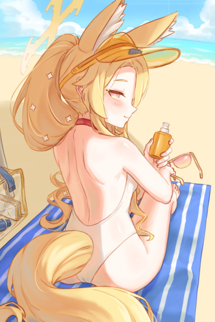 1girl, absurdres, animal_ear_fluff, animal_ears, ass, backless_swimsuit, bare_arms, bare_back, bare_legs, bare_shoulders, barefoot, beach, beach_mat, blonde_hair, blue_archive, blush, bottle, closed_mouth, cross_halo, extra_ears, forehead, fox_ears, fox_girl, fox_tail, from_behind, half-closed_eyes, halo, highres, holding, holding_bottle, holding_glasses, holding_removed_eyewear, loli, long_hair, looking_at_viewer, looking_back, lotion, ocean, official_alternate_costume, official_alternate_hairstyle, one-piece_swimsuit, pink_eyes, ponytail, raid_(donghyeok), seia_(blue_archive), seia_(swimsuit)_(blue_archive), sitting, smile, solo, sunscreen, swimsuit, tail, thighs, toes, unworn_eyewear, very_long_hair, visor_cap, white_one-piece_swimsuit, yellow_halo, yellow_visor