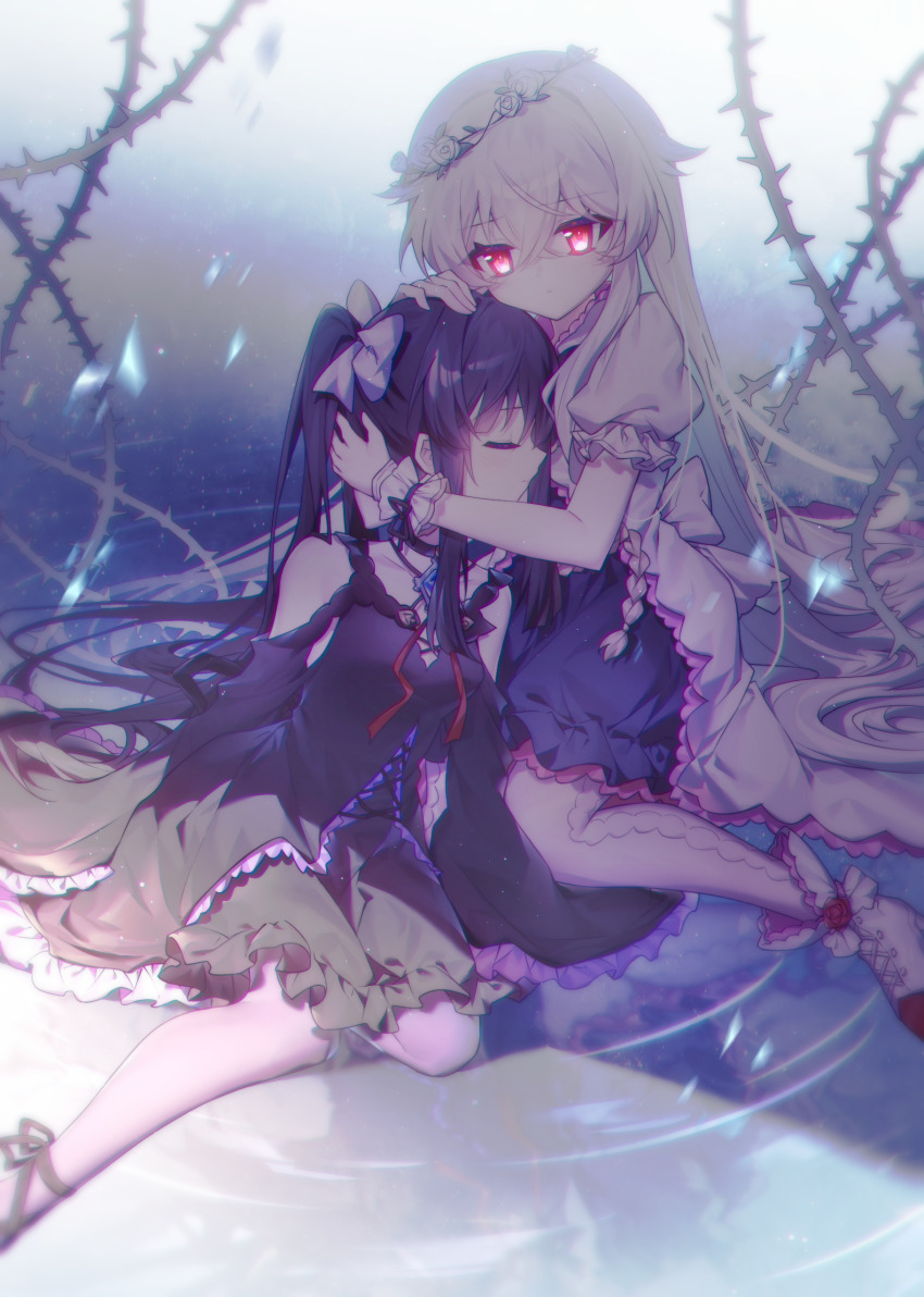 2girls, absurdres, ankle_boots, ankle_lace-up, arcaea, back_bow, black_dress, black_hair