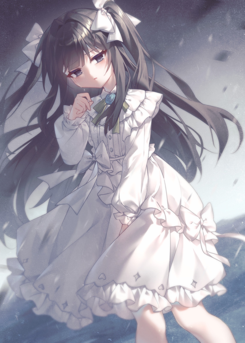 1girl, absurdres, arcaea, between_legs, black_hair, bow, bowtie, chinese_commentary