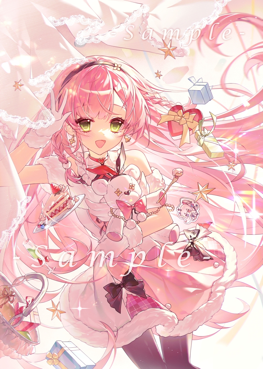 1girl, :d, absurdres, arcaea, bare_shoulders, basket, bell, bell_earrings, black_bow, black_hairband, black_pantyhose, blush, bow, box, braid, character_charm, charm_(object), chinese_commentary, commentary_request, cowboy_shot, dress, dress_bow, earrings, floating_hair, fork, fur-trimmed_gloves, fur_trim, gift, gloves, green_eyes, hairband, heart-shaped_box, highres, jewelry, kou_(arcaea), kou_(winter)_(arcaea), long_hair, looking_at_viewer, off-shoulder_dress, off_shoulder, open_mouth, pantyhose, pink_dress, pink_hair, sample_watermark, shenju_bing_hui, smile, solo, standing, star_(symbol), stuffed_animal, stuffed_toy, twin_braids, two-tone_dress, very_long_hair, watermark, white_dress, white_gloves