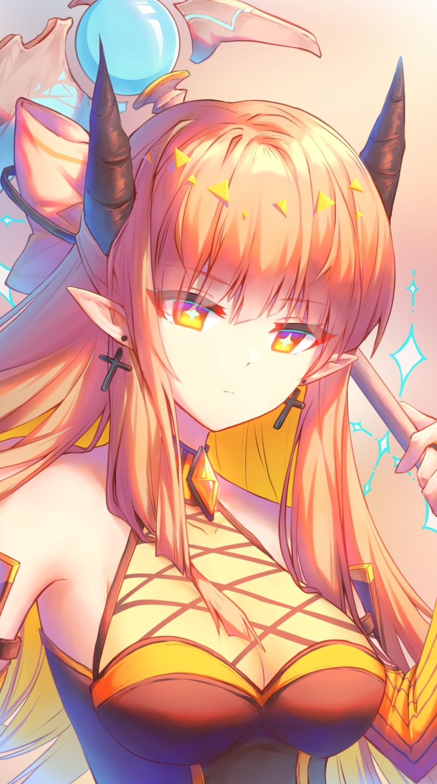 1girl, absurdres, arcaea, bare_shoulders, black_horns, bow, breasts, chinese_commentary