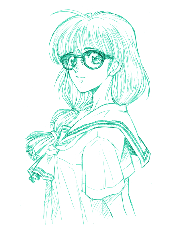 1girl, glasses, graduation_(series), long_hair, monochrome, nakamoto_shizuka, neckerchief, rakshasa_(artist)