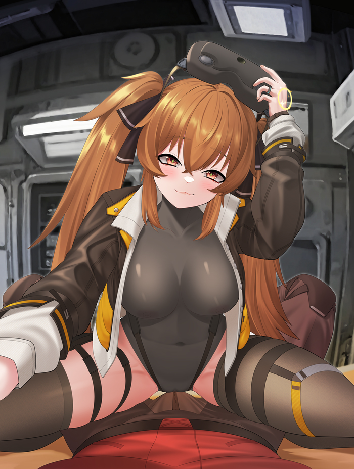 1boy, 1girl, :3, assertive_female, black_jacket, black_leotard, black_pants, black_ribbon, black_thighhighs, blush, breasts, brown_eyes, brown_hair, bulge, commander_(girls'_frontline), covered_navel, crossed_bangs, girls'_frontline, girls'_frontline_2:_exilium, hair_ribbon, head-mounted_display, jacket, large_breasts, lenna_(girls'_frontline_2), leotard, leotard_under_clothes, long_hair, looking_at_viewer, naughty_face, open_clothes, open_jacket, pants, pov, removing_eyewear, ribbon, samsam_s2s, sitting, sitting_on_person, smile, spread_legs, straddling, thighhighs, twintails, ump9_(girls'_frontline)