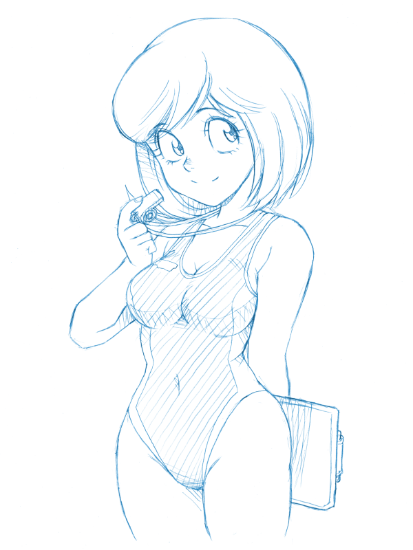 1girl, breasts, covered_navel, mai_machiko, maicching_machiko-sensei, rakshasa_(artist), short_hair, simple_background, smile, solo, standing, swimsuit, upper_body, whistle, whistle_around_neck