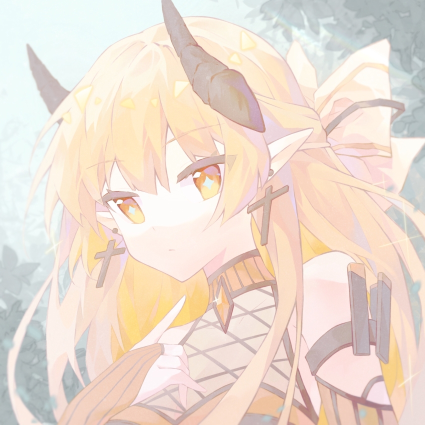 arcaea, bare_shoulders, black_horns, blonde_hair, bridal_gauntlets, bright_pupils, cross, cross_earrings