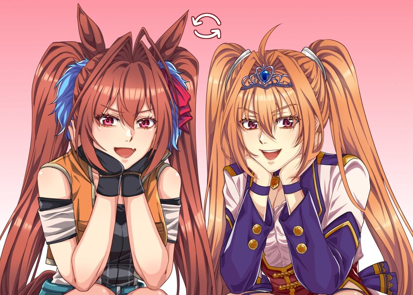 2girls, ahoge, black_gloves, brown_hair, commentary, cosplay, costume_switch, daiwa_scarlet_(umamusume), daiwa_scarlet_(umamusume)_(cosplay), eiyuu_densetsu, estelle_bright, estelle_bright_(cosplay), eyelashes, fang, gloves, gradient_background, hair_between_eyes, hair_intakes, hairstyle_connection, highres, horse_girl, long_hair, look-alike, looking_at_viewer, multiple_girls, open_mouth, orange_hair, red_background, red_eyes, skin_fang, smile, sora_no_kiseki, starting_future_(umamusume), teeth, tiara, twintails, umamusume, upper_teeth_only, yuzukiyo