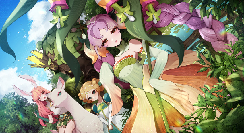 1boy, 3girls, :d, afk_(series), afk_journey, animal_ears, ankkoyom, aqua_eyes