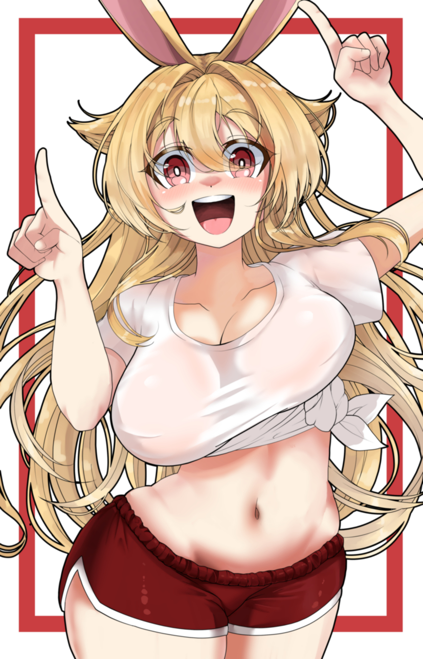 1girl, :d, absurdres, animal_ears, blonde_hair, blush, breasts, brown_dust_(series)