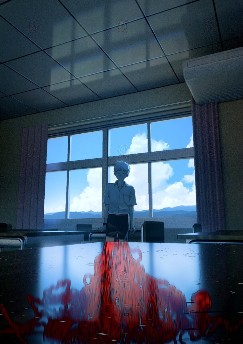 1boy, air_conditioner, belt, black_belt, black_pants, blue_sky, body_horror, chair