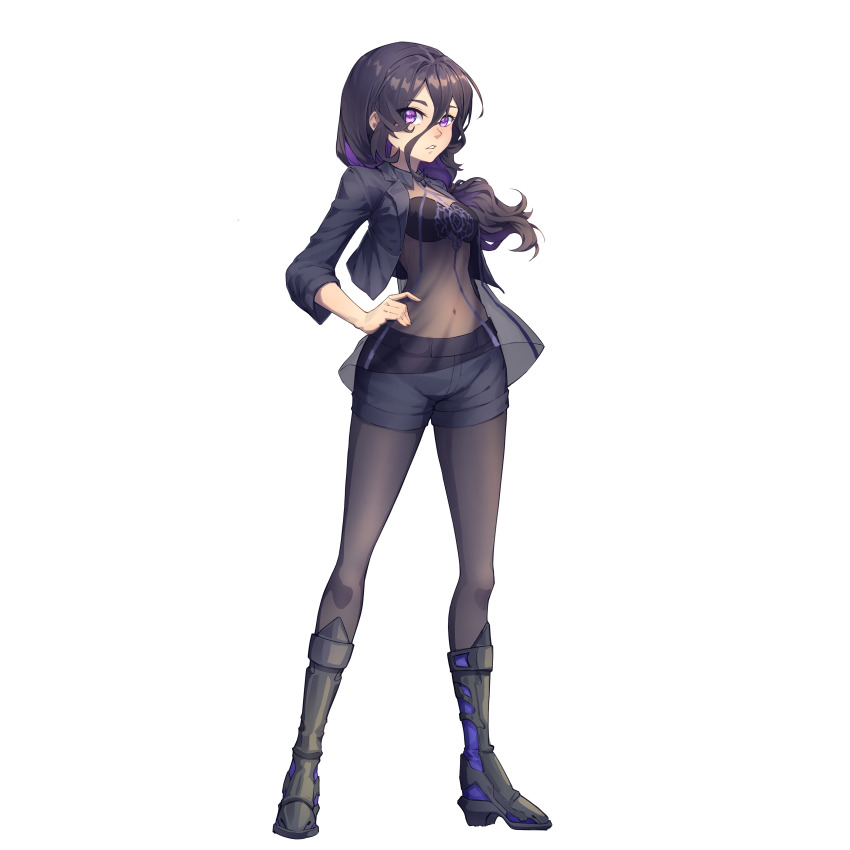 1girl, absurdres, boots, bra_visible_through_clothes, collared_shirt, commission, commissioner_upload, covered_navel, digimon, elbow_sleeve, eyelashes, full_body, hand_on_own_hip, high_heel_boots, high_heels, highres, jacket, kiauwrenn, lily_(araka101), long_bangs, long_hair, looking_at_viewer, multicolored_hair, non-web_source, open_clothes, open_jacket, open_mouth, original, pantyhose, petite, ponytail, purple_eyes, purple_hair, see-through_clothes, see-through_shirt, shirt, shorts, thighs, transparent_background, two-tone_hair