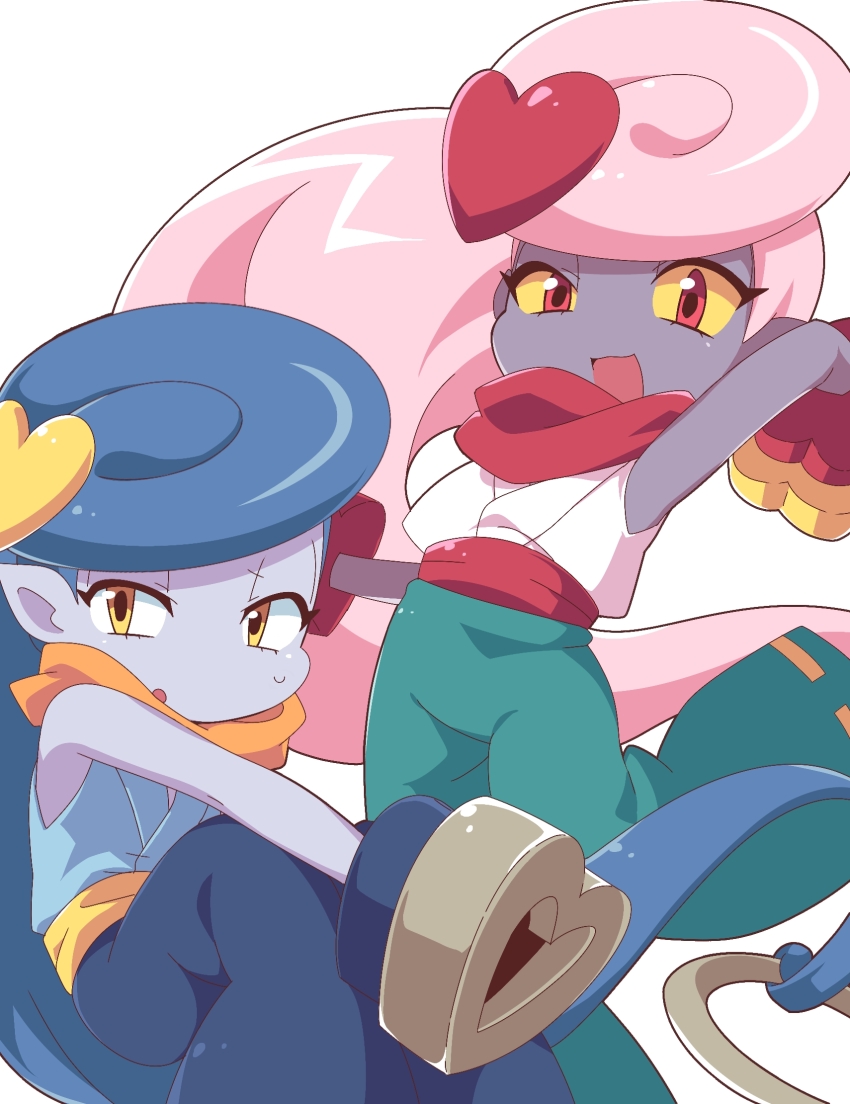 2boys, blue_hair, blue_pants, brown_eyes, colored_sclera, colored_skin, green_pants, grey_skin