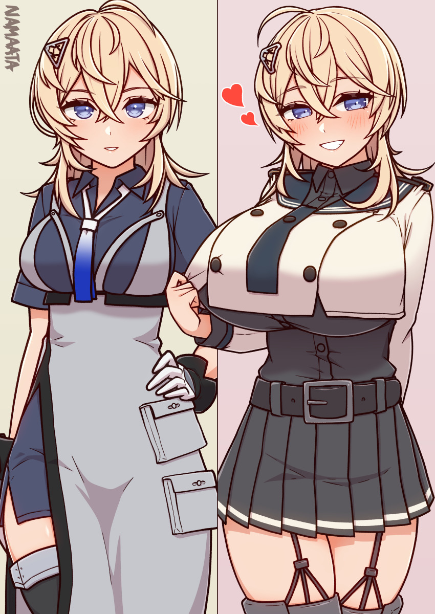 1girl, absurdres, alternate_breast_size, alternate_costume, before_and_after, belt, blonde_hair, blue_dress