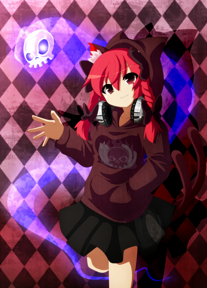 1girl, alternate_costume, animal_ears, animal_hood, argyle_background, argyle_clothes, bow, braid, cat_ears, cat_girl, cat_hood, cat_tail, collarbone, contemporary, female_focus, hair_bow, hand_in_pocket, headphones, headphones_around_neck, hitodama, hood, hoodie, kaenbyou_rin, multiple_tails, red_eyes, red_hair, ryuu_(multitask), skirt, smile, solo, tail, touhou, twin_braids