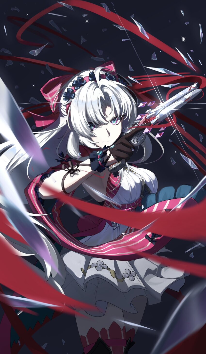 1girl, ahoge, aqua_eyes, black_gloves, bow, breasts, carlotta_(wuthering_waves), commentary_request