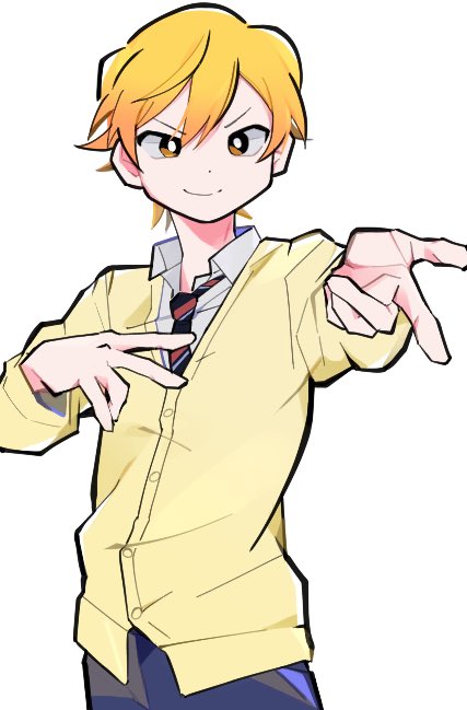 1boy, blonde_hair, blue_pants, bright_pupils, brown_eyes, cardigan, collared_shirt, cowboy_shot