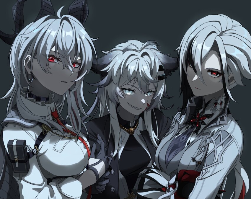 3girls, ahoge, animal_ears, arknights, arlecchino_(genshin_impact), arm_pouch, black_eyes, black_gloves, black_hair, black_horns, breasts, chest_harness, closed_mouth, collared_shirt, commentary_request, crossed_arms, crossover, curled_horns, dark_background, earrings, genshin_impact, gloves, grey_hair, grin, hair_between_eyes, harness, highres, horns, jacket, jewelry, key_earrings, lappland_(arknights), large_breasts, long_hair, looking_at_viewer, medium_breasts, multicolored_hair, multiple_crossover, multiple_girls, necktie, parted_lips, pouch, red_eyes, red_necktie, red_pupils, setosai_shiitake, sharp_teeth, shirt, smile, symbol-shaped_pupils, teeth, two-tone_hair, white_eyes, white_jacket, white_shirt, wuthering_waves, x-shaped_pupils, zani_(wuthering_waves)