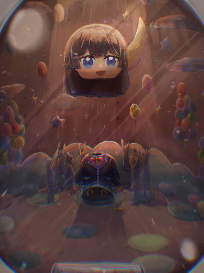 6+others, :d, arms_up, asuka-halhal, balloon, big_head, black_hair, black_jacket