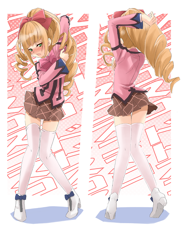 10s, 1girl, aiba_ruri, bad_id, bad_pixiv_id, chicago-x, drill_hair, green_eyes, hair_ribbon, orange_hair, ribbon, sacred_seven, thigh_gap, thighhighs