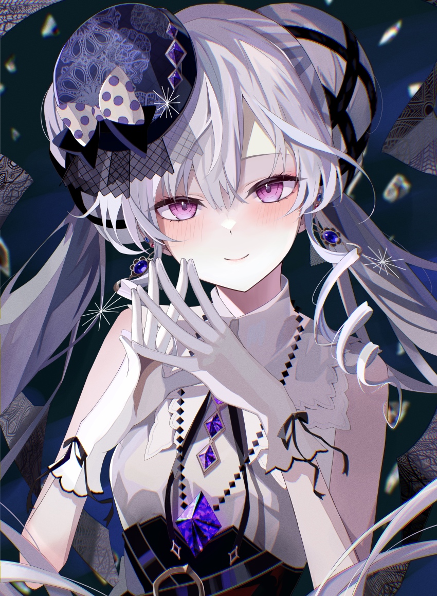 1girl, absurdres, acid_(maimai), bare_shoulders, black_background, blush, bow, breasts