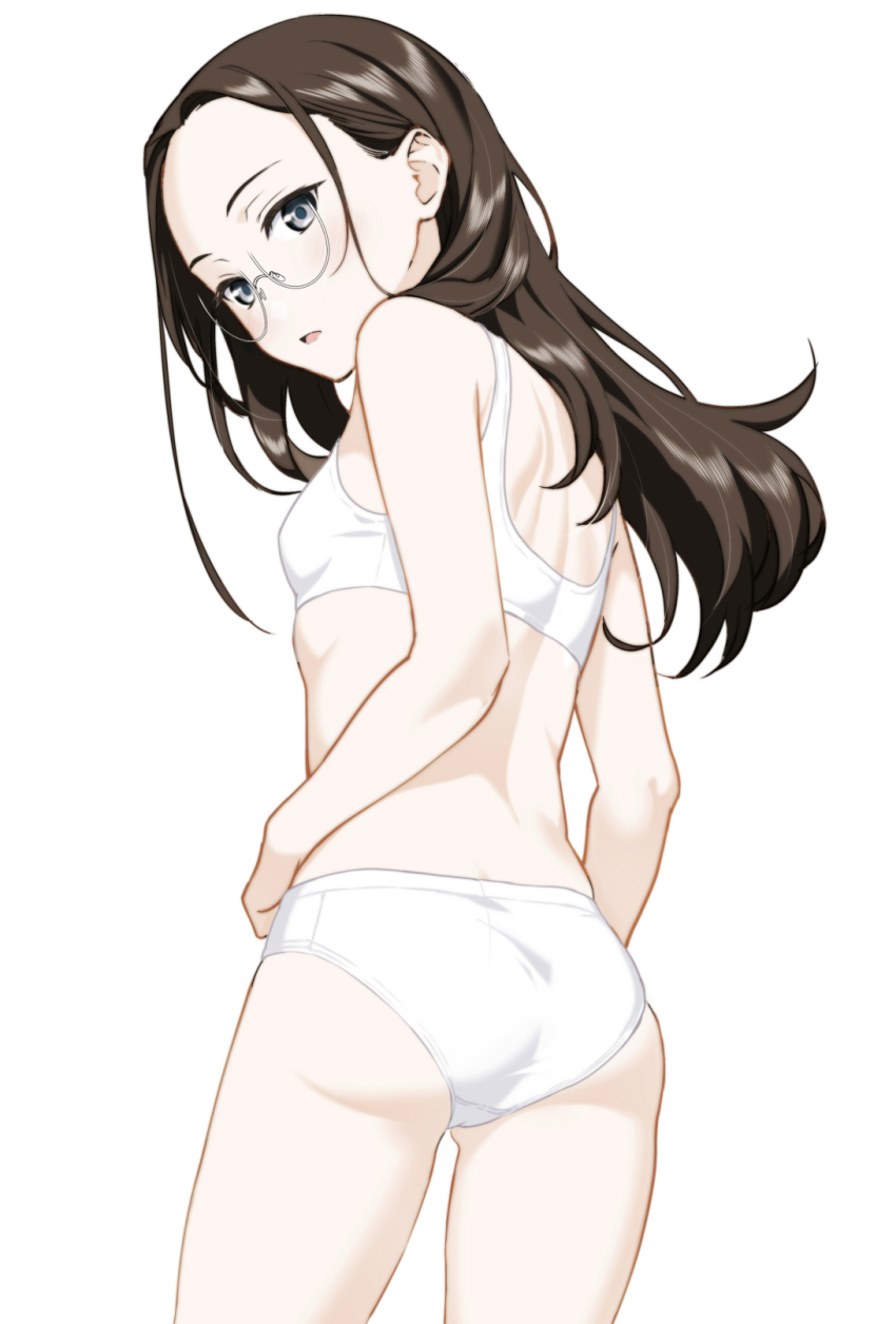 1girl, arm_at_side, ass, breasts, brown_hair, commentary_request, cowboy_shot, crotch_seam, forehead, from_behind, from_below, grey_eyes, hair_behind_ear, highres, light_blush, long_hair, looking_at_viewer, looking_back, looking_down, median_furrow, nose_pads, original, panties, parted_lips, round_eyewear, secret_dmain, semi-rimless_eyewear, shoulder_blades, simple_background, small_breasts, solo, sports_bra, standing, under-rim_eyewear, underwear, underwear_only, variant_set, white-framed_eyewear, white_background, white_panties, white_sports_bra