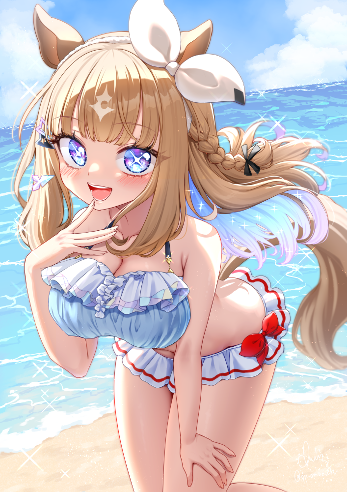 1girl, almond_eye_(umamusume), animal_ears, beach, bikini, blue_eyes, blush, breasts