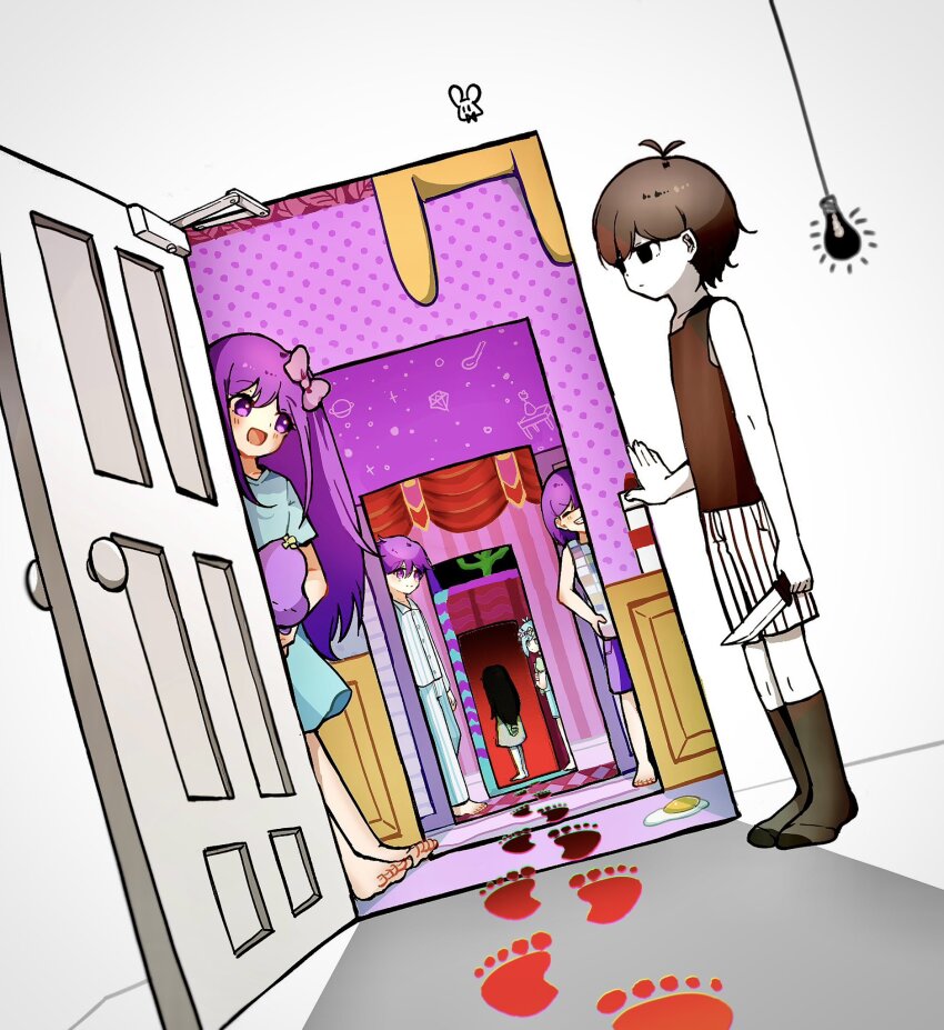 007f89_siyo, 2girls, 4boys, aubrey_(headspace)_(omori), aubrey_(omori), barefoot, basil_(headspace)_(omori), basil_(omori)