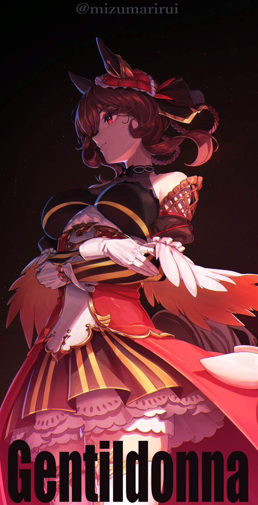 1girl, absurdres, arms_under_breasts, black_background, black_ribbon, braid, braided_hair_rings, breasts