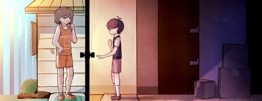 007f89_siyo, 2boys, antenna_hair, black_hair, black_sweater_vest, brown_eyes, brown_hair, brown_shoes