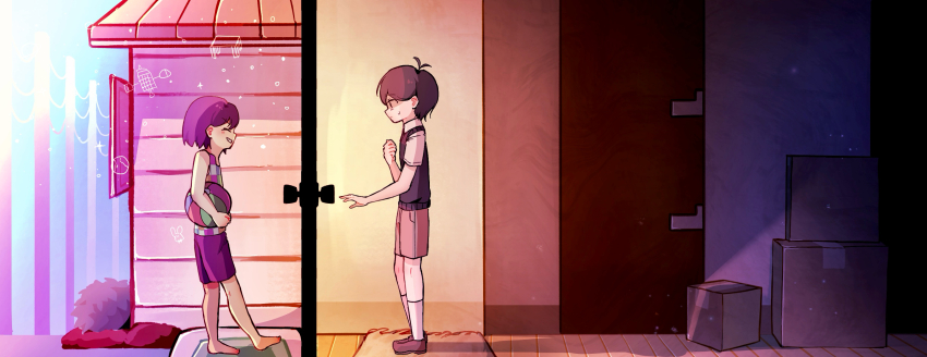 007f89_siyo, 2boys, antenna_hair, ball, barefoot, black_hair, black_sweater_vest, brown_eyes