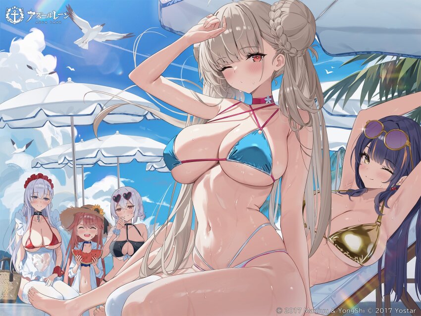 5girls, apron, artist_request, azur_lane, belfast_(azur_lane), belfast_(blissful_service)_(azur_lane), bikini, blue_bikini