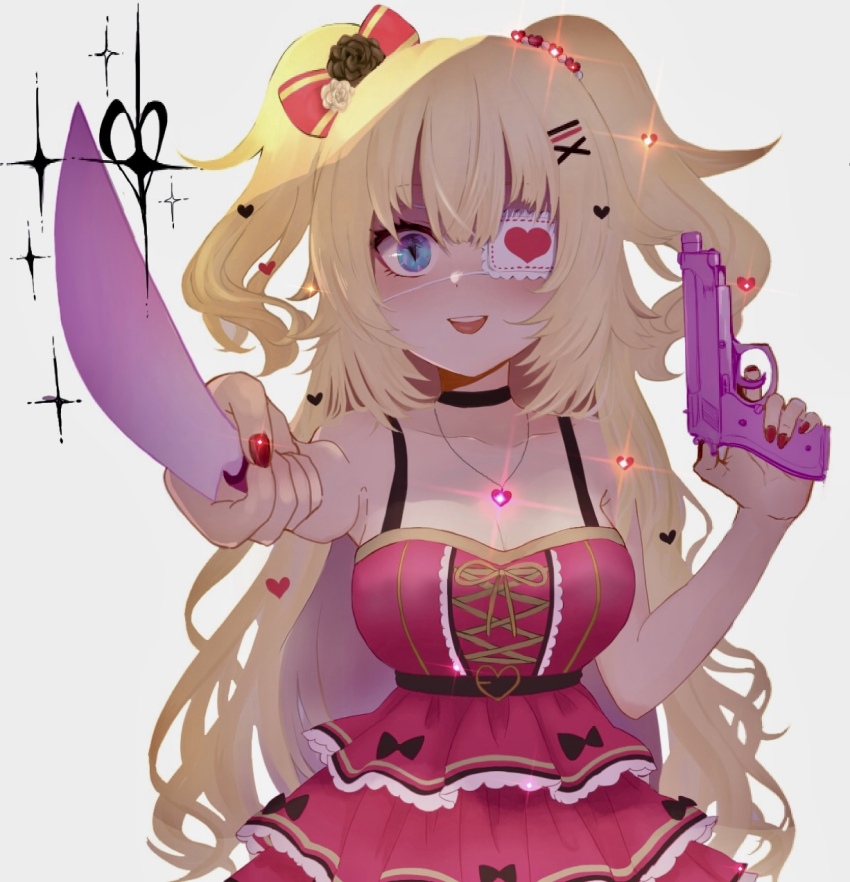 1girl, :d, akai_haato, akai_haato_(gothic_lolita), belt, black_belt, black_flower, black_rose, blonde_hair, blue_eyes, blush, bow, breasts, commentary_request, crazy_eyes, crazy_smile, cross-laced_clothes, cross-laced_dress, diffraction_spikes, dress, eyepatch, finger_on_trigger, flower, glint, grey_background, gun, hair_between_eyes, hair_bow, hair_ornament, hair_ribbon, hairclip, handgun, heart, heart_hair_ornament, high-waist_belt, highres, holding, holding_knife, hololive, kaho_saka, knife, large_breasts, layered_dress, long_hair, looking_at_viewer, medical_eyepatch, nail_polish, official_alternate_costume, official_alternate_hairstyle, open_mouth, parallel_hairclips, red_dress, red_nails, red_ribbon, ribbon, rose, simple_background, sleeveless, sleeveless_dress, smile, solo, two_side_up, underbust, upper_body, very_long_hair, virtual_youtuber, weapon
