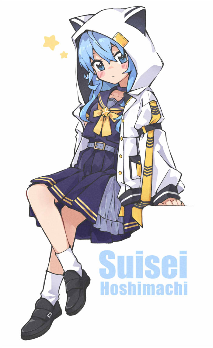 1girl, animal_hood, arm_support, belt, black_choker, black_sailor_collar, black_serafuku, black_shirt