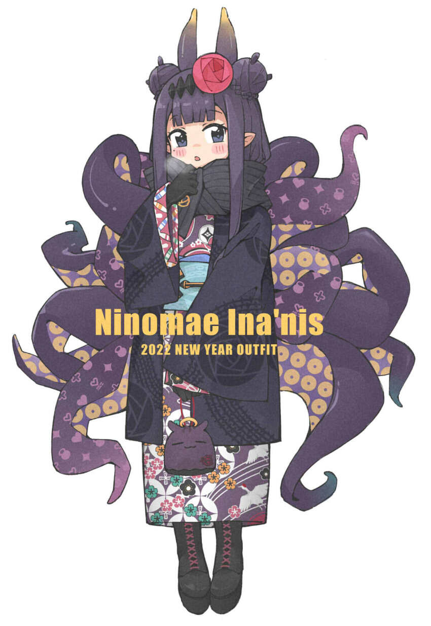 1girl, bag, black_boots, black_eyes, black_gloves, black_hair, black_haori, black_kimono