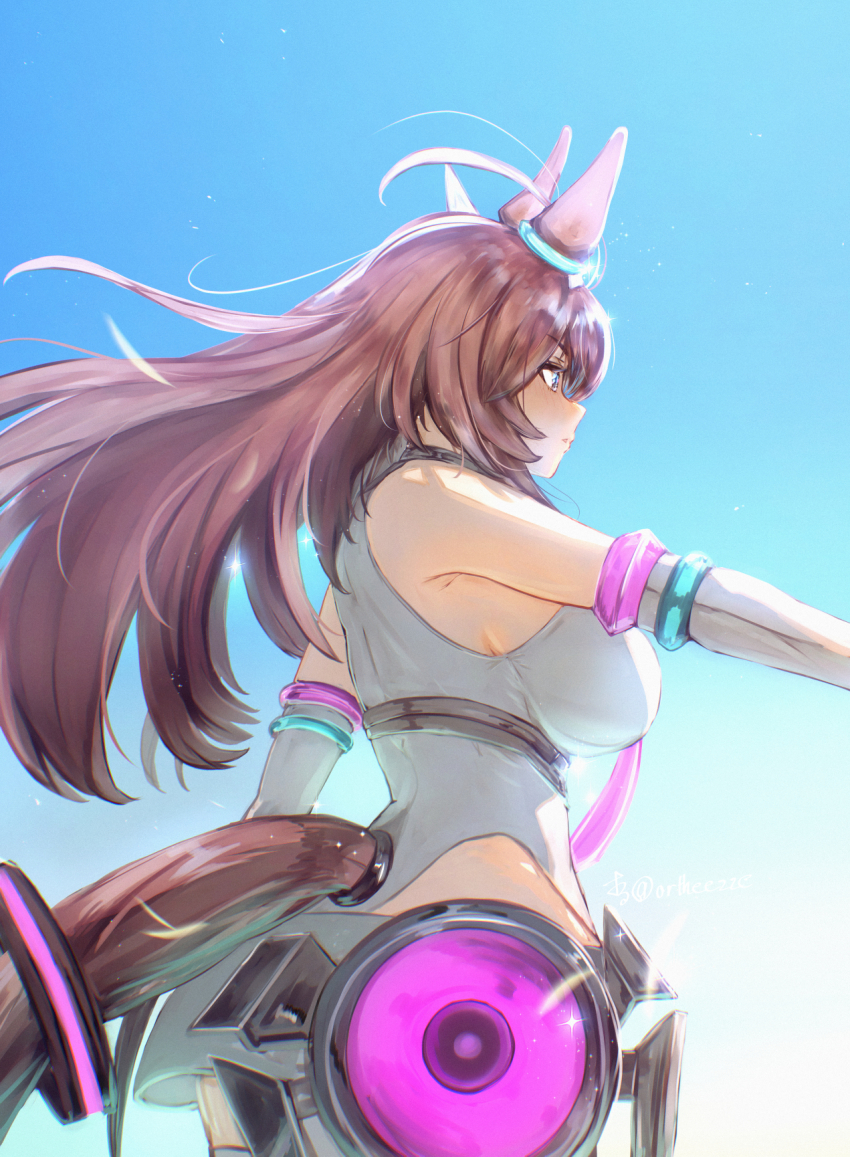 1girl, ahoge, animal_ears, armpits, bare_shoulders, blank_stare, blue_eyes, blue_sky