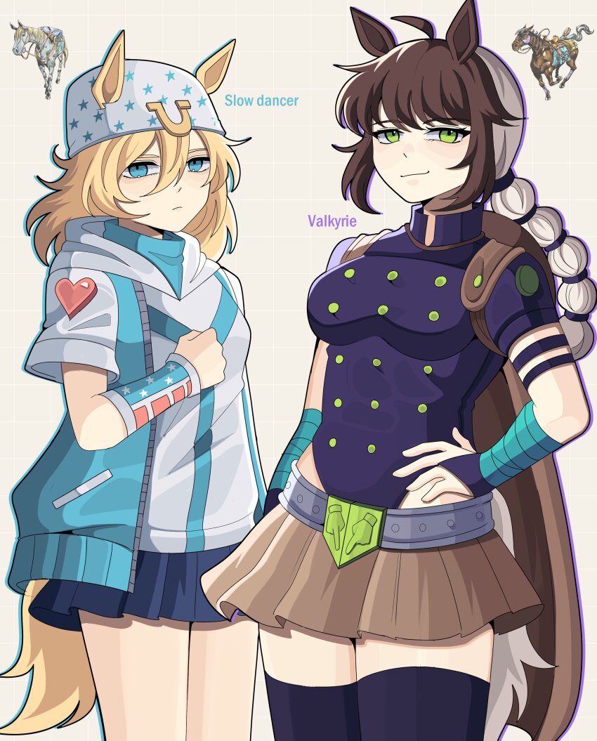2girls, absurdres, ahoge, animal_ears, aqua_jacket, bandana, belt, blonde_hair, blue_eyes, blue_skirt, bobamiruku, breasts, brown_hair, brown_skirt, character_name, commentary, cowboy_shot, english_commentary, frown, green_eyes, hair_between_eyes, hand_on_own_hip, highres, hood, hoodie, horse, horse_ears, horse_girl, horse_tail, jacket, jojo_no_kimyou_na_bouken, long_hair, looking_at_viewer, medium_breasts, medium_hair, multi-tied_hair, multicolored_hair, multiple_girls, official_art_inset, parody, personification, purple_shirt, shirt, skirt, slow_dancer_(jojo), small_breasts, smirk, steel_ball_run, tail, thighhighs, two-tone_hair, umamusume, valkyrie_(jojo), white_hair, white_hoodie