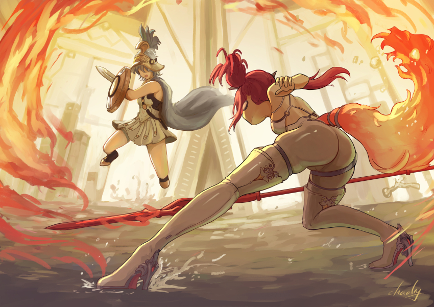 2girls, absurdres, ass, back, bare_shoulders, blue_hair, boots, breasts