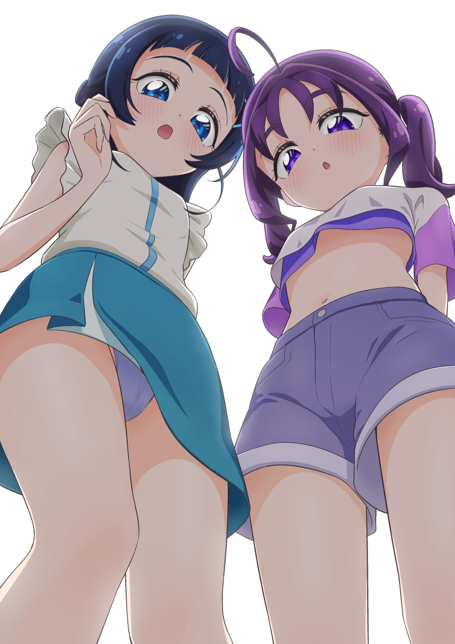 2girls, :o, ahoge, aokaze_nana, arched_bangs, arms_behind_back, bare_legs, blue_eyes