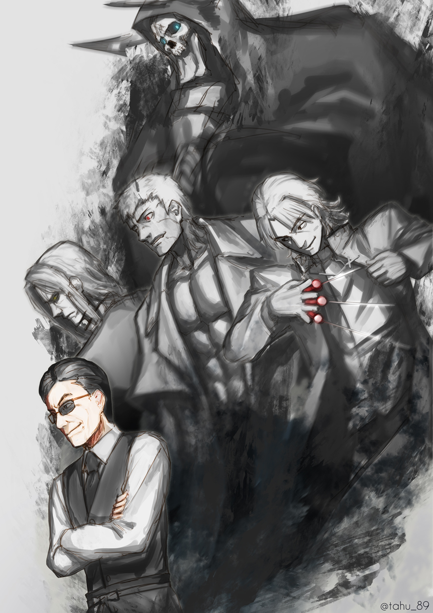 5boys, araya_souren, black_hair, black_vest, blue_eyes, crossed_arms, evil_grin, evil_smile