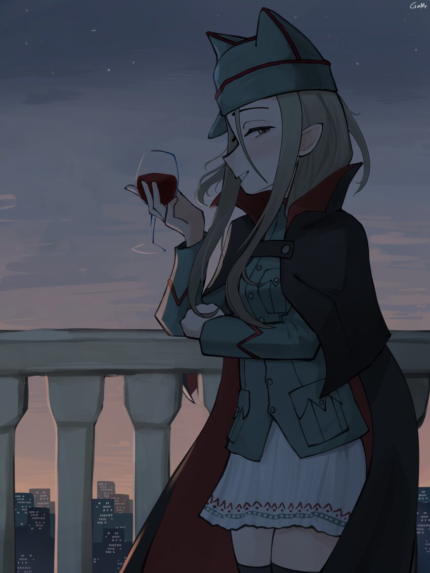 1girl, absurdres, against_railing, black_cape, blue_hat, blue_jacket, breasts, cape